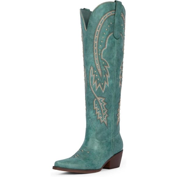Shoes - Women's Blue Knee High Rhinestone Cowgirl Boots Pointed Toe Slip on Chunky Heel